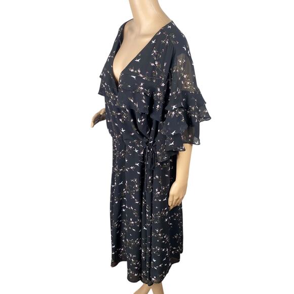 Torrid NWT Black Floral Bird Chiffon Ruffle Faux Wrap Dress SZ 4X - Picture 10 of 15